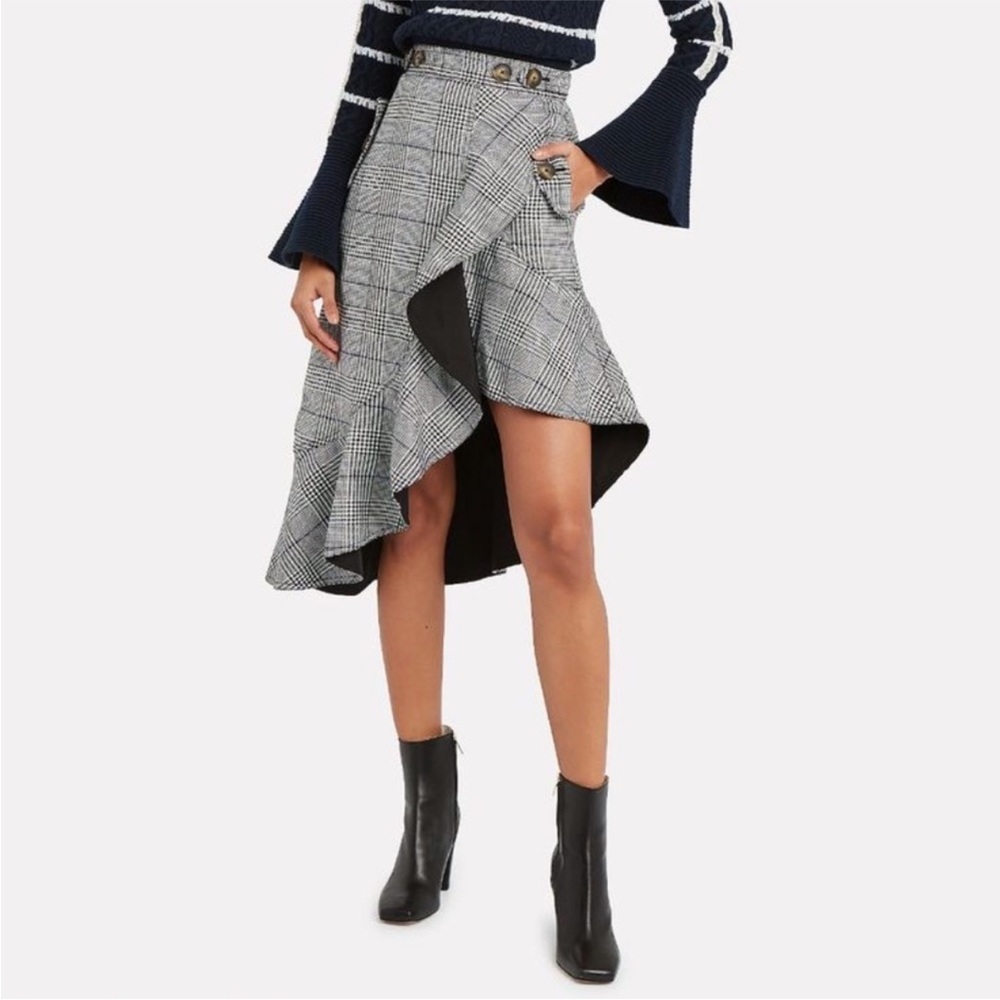Self-Portrait Black and White Glen Asymmetrical Ruffled Plaid Midi Skirt $320